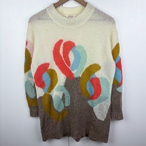 Sundance Cotton Wool Mohair Cashmere Knit Tunic Sweater Abstract Cream Taupe
